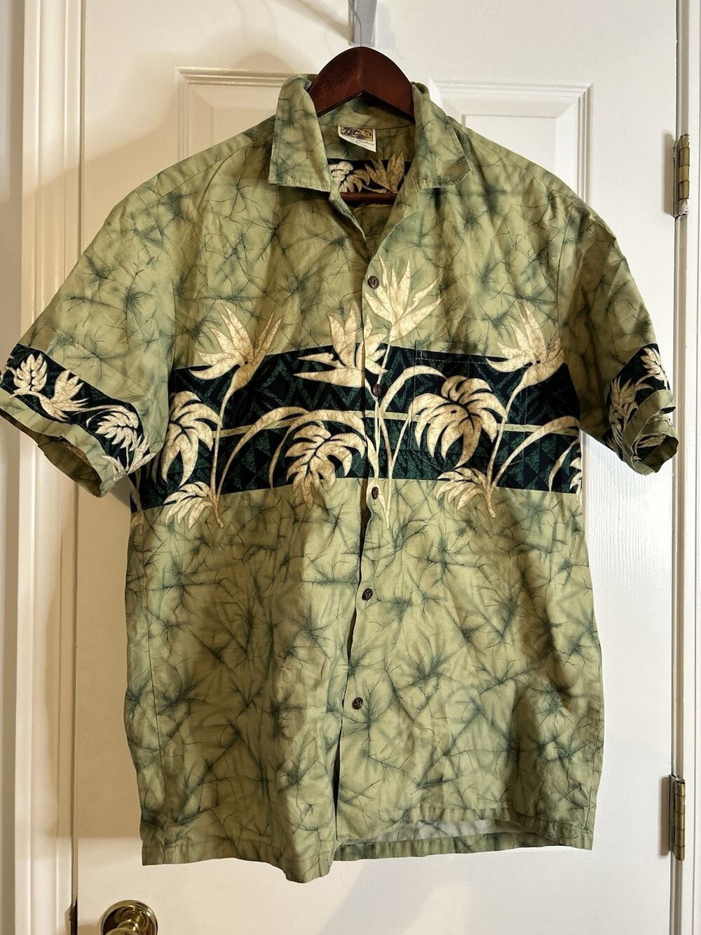 Vintage Winnie Fashion Mens L Green Botanical Aloha Shirt Made in Hawaii